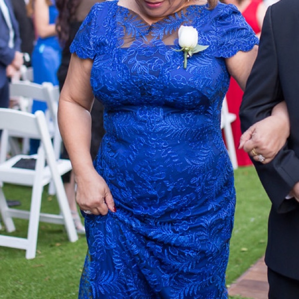 Tadashi Shoji royal blue lace shimmer gown